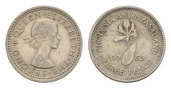 Родезия и Ньясаленд 3 пенса 1962 Елизавета II (1952-2022), цветок глориоза KM  3 медно-никель   4640-924