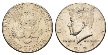 США 1/2 доллара (50 центов) 1997 P, Джон Кеннеди KM A202b медь плакированная медно-никелем aUNC 4517-914
