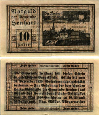 Австрия, Хёнхарт 10 геллеров 1920 нотгельд, 19 мая 1920 - 31 декабря 1920, Верхняя Австрия   бумага   6318-35-3-2