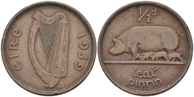 Ирландия 1/2 пенни 1939 свинья с поросятами KM 10 бронза 4561-1127