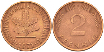 ФРГ 2 ПФЕННИГА 1971 J KM 106a, J.381a сталь плакированная сталь плакированная медьюю 4396-1563