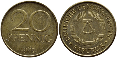 ГДР 20 пфеннигов 1969 А, первый год KM 11 латунь UNC 73-354