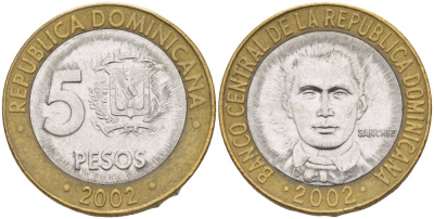 Доминиканская республика 5 песо 2002 Санчес KM 89 биметалл 4541-1121