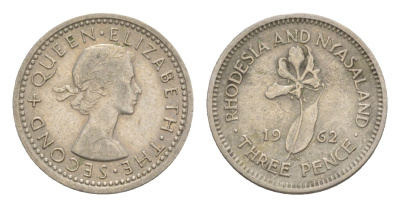 Родезия и Ньясаленд 3 пенса 1962 Елизавета II (1952-2022), цветок глориоза KM  3 медно-никель   4640-924