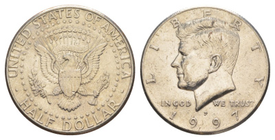 США 1/2 доллара (50 центов) 1997 P, Джон Кеннеди KM A202b медь плакированная медно-никелем aUNC 4517-914