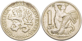 ЧЕХОСЛОВАКИЯ 1 КРОНА 1924 ЖЕНЩИНА СО СНОПОМ И СЕРПОМ KM 4 медно-никель 4514-847