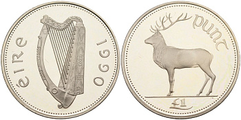 Ирландия 1 фунт 1990 олень, тираж 42000 ЭКЗ., в оригинальной коробке KM 27 медно-никель PROOF 3-4-3-20-1