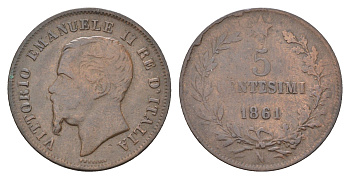 Италия 5 чентезимо 1861 N, Виктор Эммануил II (1861-1878) KM 3.3 медь 27-752