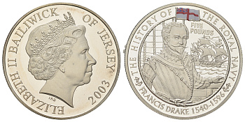Джерси 5 фунтов 2003 История Королевского флота - Фрэнсис Дрейк KM 130a серебро PROOF 11-085-14