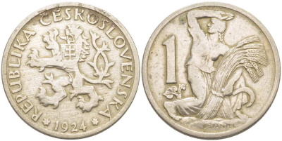 ЧЕХОСЛОВАКИЯ 1 КРОНА 1924 ЖЕНЩИНА СО СНОПОМ И СЕРПОМ KM 4 медно-никель 4514-847