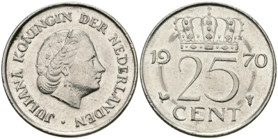 НИДЕРЛАНДЫ 25 ЦЕНТОВ 1970 ЮЛИАНА KM 183 никель 96-222