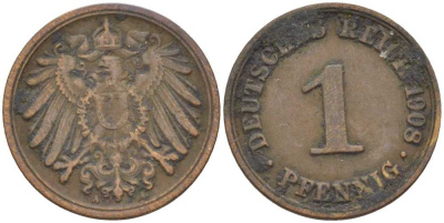 ГЕРМАНИЯ 1 ПФЕННИНГ 1908 А KM 10, J. 10 медь 201-927