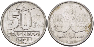 Бразилия 50 крузейро 1992 KM 620.2 нержавеющая сталь 4364-2742