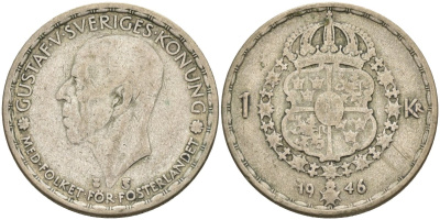 Швеция 1 крона 1946 TS, Густав V (1907-1950) KM 814 серебро 3457-615