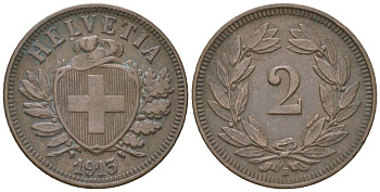 Швейцария 2 раппена 1913 B KM 4 бронза 4189-242