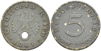 ГЕРМАНИЯ 5 РЕЙХСПФЕННИГОВ 1941 A KM 100, J. 370  цинк 211-614