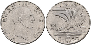 ИТАЛИЯ 50 ЧЕНТЕЗИМО 1941 R, ГОД XIX, ВИКТОР ЭММАНУИЛ III (1900-1946) KM 76b, VEM3. 1063 нержавеющая сталь 3853-414