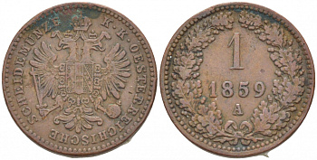 Австрия 1 крейцер 1859 A, Франц Иосиф I (1848-1916) KM 2186 медь 3309-733