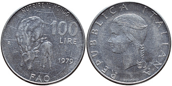 Италия 100 лир 1979 R, FAO, корова с теленком KM 106 нержавеющая сталь 4394-624