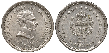 Уругвай 25 сентесимо 1960 KM 40 медно-никель 4169-857
