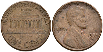 США 1 цент 1959 D, Авраам Линкольн KM 201 медь цинк 4564-328