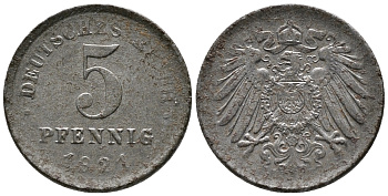 ГЕРМАНИЯ 5 ПФЕННИГОВ 1921 D KM 19, J. 297 железо 39-268