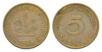 ФРГ 5 пфеннигов 1986 D KM 107, J. 382 сталь плакированная латунью 4630-1247