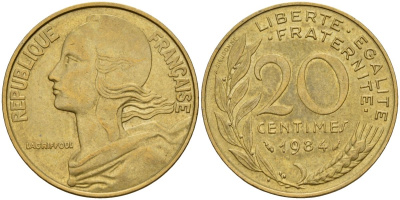 Франция 20 сантимов 1984 тип Marianne KM 930, Le Franс 156.24 медь алюминий никель 4126-635