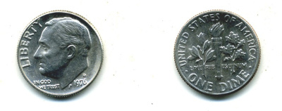 США 10 ЦЕНТОВ = 1 ДАЙМ 1976 D, РУЗВЕЛЬТ KM 195а медь плакированная медно-никелем 54-346