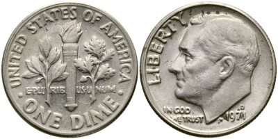 США 10 ЦЕНТОВ = 1 ДАЙМ 1971 D, РУЗВЕЛЬТ KM 195а медь плакированная медно-никелем 51-5061