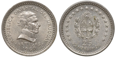 Уругвай 25 сентесимо 1960 KM 40 медно-никель 4169-857