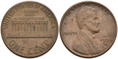 США 1 цент 1959 D, Авраам Линкольн KM 201 медь цинк 4564-328