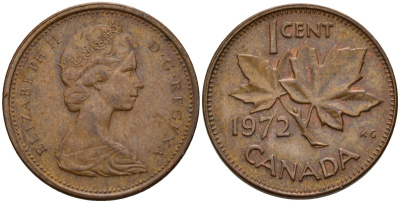 Канада 1 цент 1972 Елизавета II (1952-2022), кленовый лист KM 59.1 бронза 4189-528
