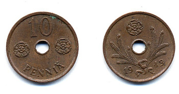 ФИНЛЯНДИЯ 10 ПЕННИ 1943 KM 33.1 медь 51-5026