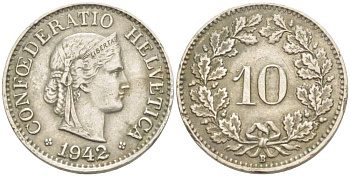ШВЕЙЦАРИЯ 10 РАППЕНОВ 1942 В KM 27 медно-никель 216-1233