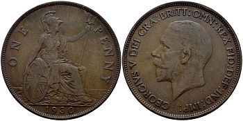 Великобритания 1 пенни 1930 Георг V (1910-1936) КМ 838, Spink 4055 бронза 4383-743
