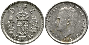 ИСПАНИЯ 10 ПЕСЕТ 1983 ХУАН КАРЛОС I KM 827 медно-никель 105-1122