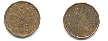 Канада 1 цент 1989 Елизавета II (1952-2022), кленовый лист KM 132 бронза 177-1425