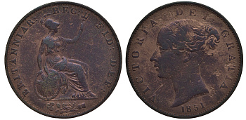 Великобритания 1/2 пенни 1851 Виктория (1837-1901) KM 726, Spink 3949 медь 4111-514