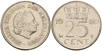 Нидерланды 25 центов 1969 Юлиана (1949-1980) HAAN KM 183 никель    4598-435