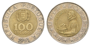 Португалия 100 эскудо 1991 Педру Нуниш (1502-1578), математик KM 645 биметалл 4390-424