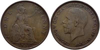 Великобритания 1 пенни 1930 Георг V (1910-1936) КМ 838, Spink 4055 бронза 4383-743