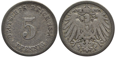 Германия 5 пфеннигов 1893 J KM 11, Jager 12, Weege 6 медно-никель 4547-337