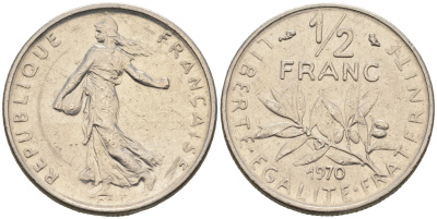 Франция 1/2 франка 1970 сеятель KM 931.1 никель    4169-151