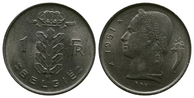 БЕЛЬГИЯ 1 ФРАНК 1951 BELGIE KM 143.1 медно-никель 4384-732