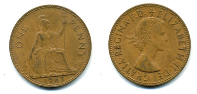 Великобритания 1 пенни 1965 Елизавета II (1952-2022) КМ 897, Spink 4157 бронза 89-845