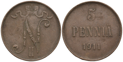 Россия для Финляндии 5 пенни 1911 Николай II (1894-1917) KM 15, Биткин 451 медь 85-321
