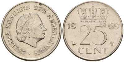 Нидерланды 25 центов 1969 Юлиана (1949-1980) HAAN KM 183 никель    4598-435