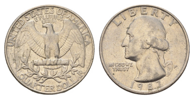 США 25 центов (квотер) 1987 P, Джордж Вашингтон KM А164а медь плакированная медно-никелем 4681-235