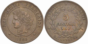 ФРАНЦИЯ 5 САНТИМОВ 1888 A, ТРЕТЬЯ РЕСПУБЛИКА (1871-1940) KM 821.1, LE FRANC 118.31 бронза 108-734